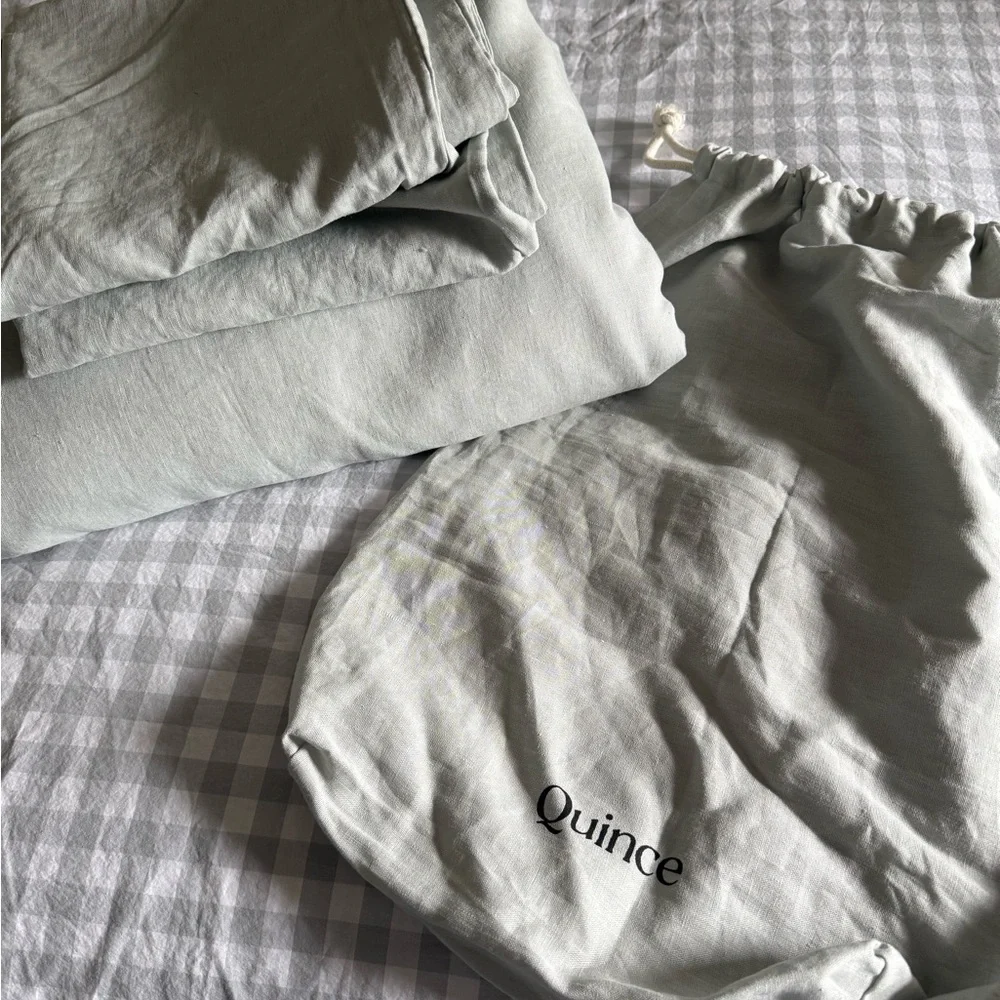 Quince Pale Blue/Green 100% Linen Duvet Cover & Pillowcase Set New- King